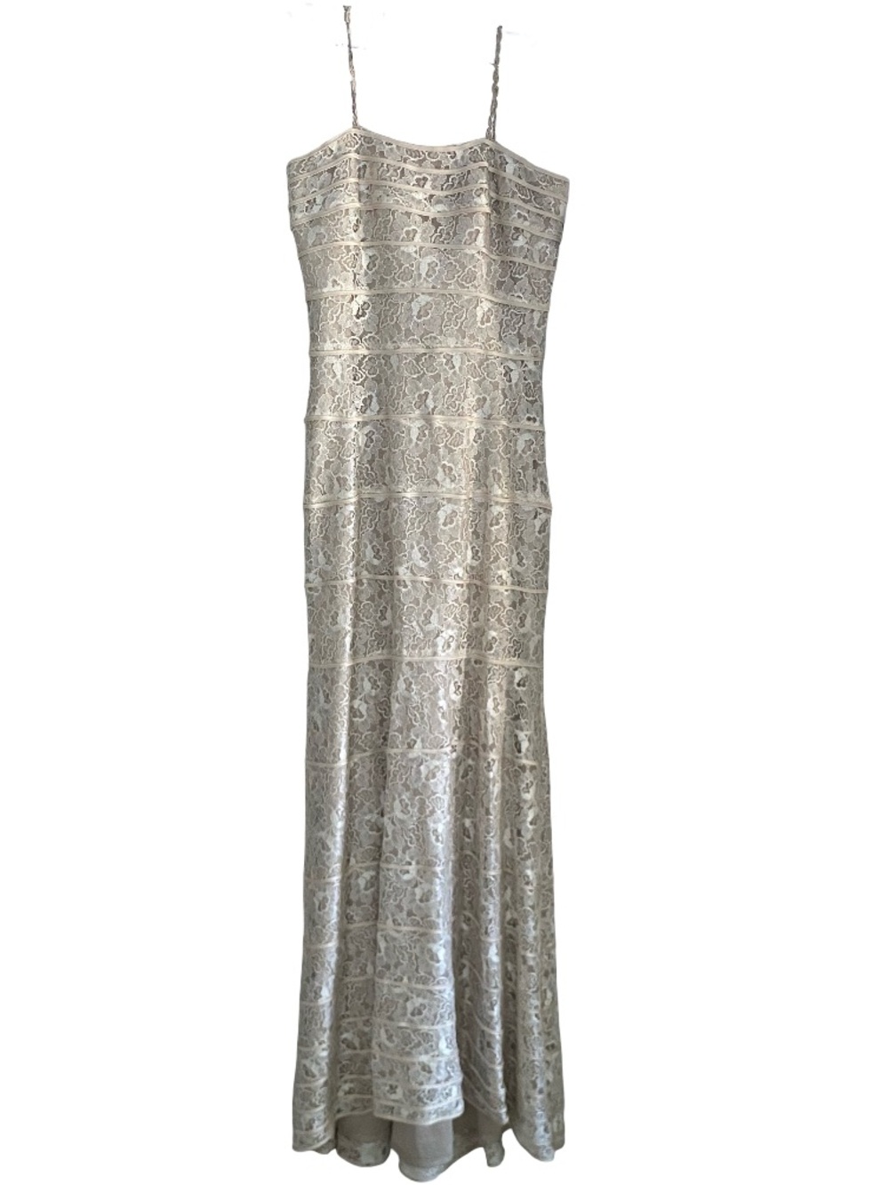 Tadashi Shoji silk vintage champagne lace mermaid strap formal gown size US 10
